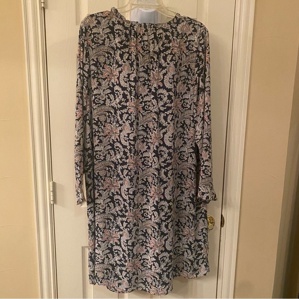 LOFT Navy and Pink Paisley Long Sleeve Shift Dress